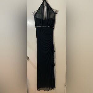 Elegant Black Halter Dress rhinestone band around front size 7 sheer overlay